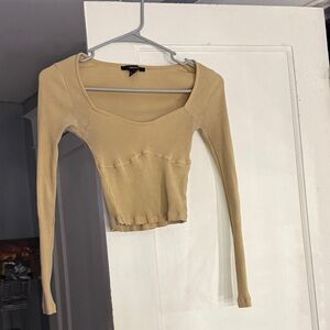 Forever 21 Tan Ribbed Long Sleeve Crop Top